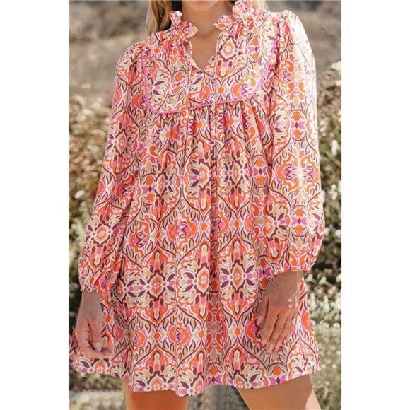 Printed Tie Neck Long Sleeve Mini Dress - Picture 1 of 10